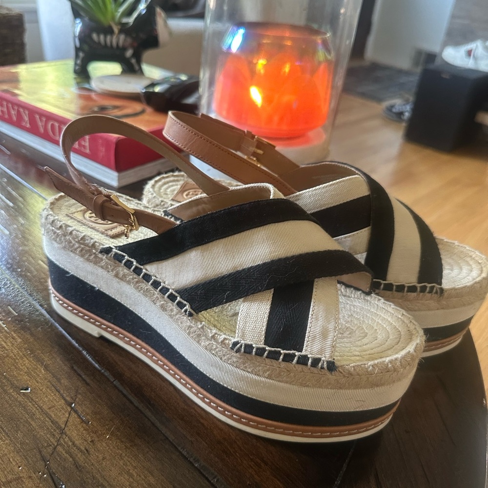 Tory Burch Black and Cream Espadrille Sandals